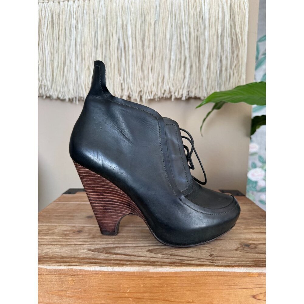 Vintage Max Studio Nora Black Leather Platform Wedge Lace Up Ankle Boot Size 9 - Picture 6 of 15